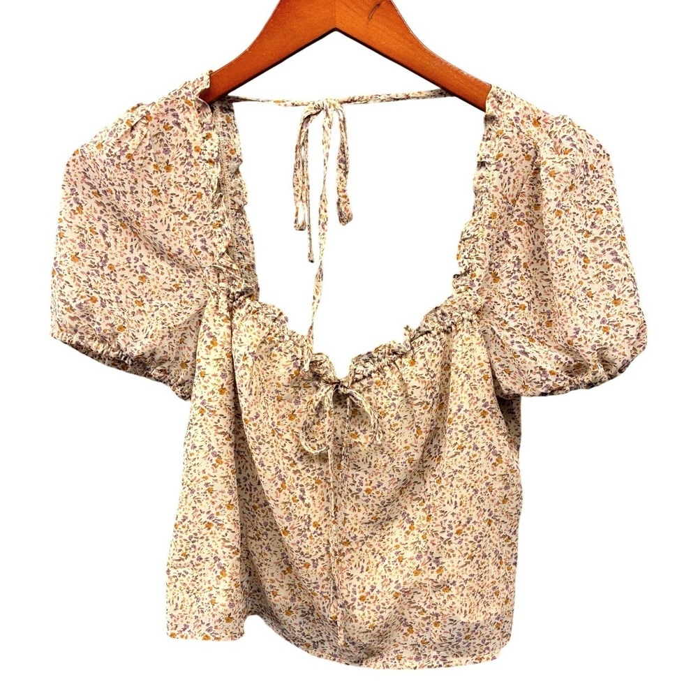 Lush Floral Puff Sleeve Blouse Womens L Beige Cottagecore Boho Peasant Summer